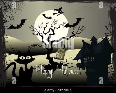 A Halloween themed poster with a cat, a tree, and a house. The cat is looking at the moon and the tree is surrounded by bats. The house is in the back Stock Vector