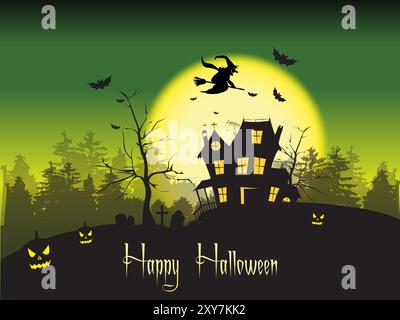 A Halloween house with a witch flying over it. The house is surrounded by trees and there are pumpkins on the ground. Scene is spooky and eerie Stock Vector