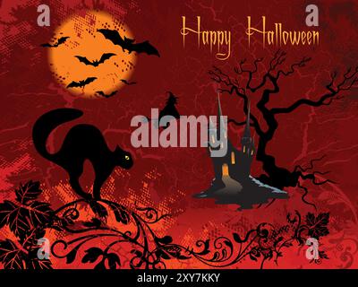 A Halloween card with a cat and a witch on it. The cat is looking at the camera and the witch is flying on a broom. The background features a castle a Stock Vector