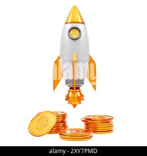 Rocket with stack of golden coins. 3D rendering isolated on white ...