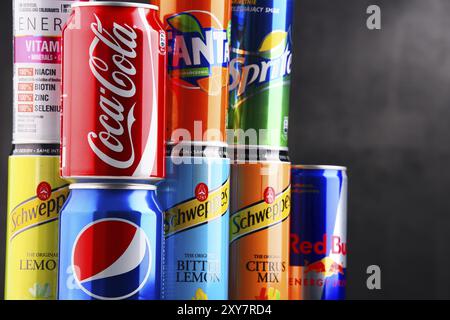 POZNAN, POLAND, AUG 18, 2017: Global soft drink market is dominated by brands of few multinational companies founded in North America. Among them are Stock Photo