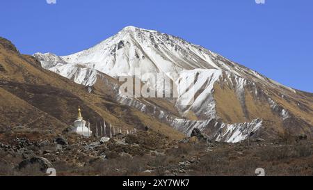 Spring scene in the Langtang valley. Mount Tserko Ri and small stupa Stock Photo