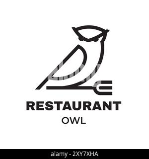 Minimalist Owl Restaurant Logo Monochrome Vector Design with Fork Element, Modern and Elegant Branding for Dining Establishments Stock Vector