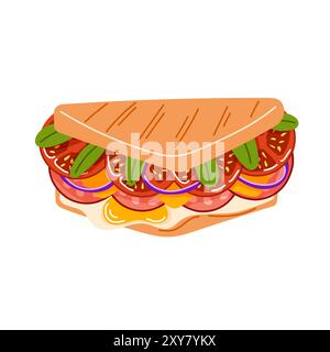 Sandwich with fresh green leaves, tomato, salami, cheese, onion and egg. Cartoon style illustration. Design for food restaurant menu, breakfast cafe Stock Vector