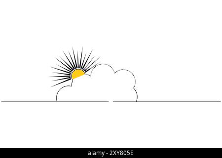 Sun and cloud continuous one line drawing of isolated outline silhouette vector icon Stock Vector