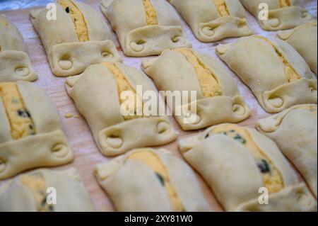 Traditional Cypriot Flaouna delicious Greek Easter Cheese Bread. Flaounes are traditionally prepared for Easter by Orthodox Cypriots. Stock Photo