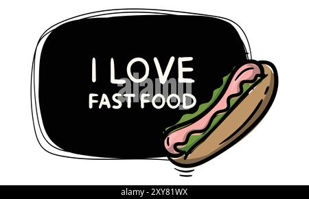 A simple black label with a hot dog and the inscription I love fast food. Vector template for price tag, label, sticker Stock Vector