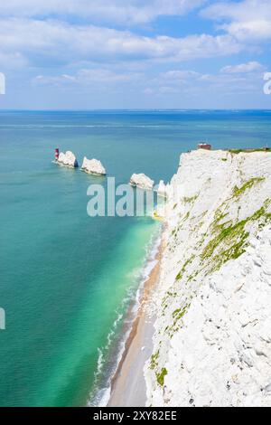 Isle of Wight UK - Isle of Wight Needles a series of chalk sea stacks or The Needles from Scratchells Bay Isle of Wight England UK GB Europe Stock Photo