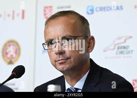 Brno, Czech Republic. 28th Aug, 2024. President of the Autoclub of the Czech Republic Jan Stovicek at a press conference on the return of the Grand Prix road motorcycling world championship event to the Masaryk Circuit after five years, in Brno, Czech Republic, on August 28, 2024. Credit: Vaclav Salek/CTK Photo/Alamy Live News Stock Photo