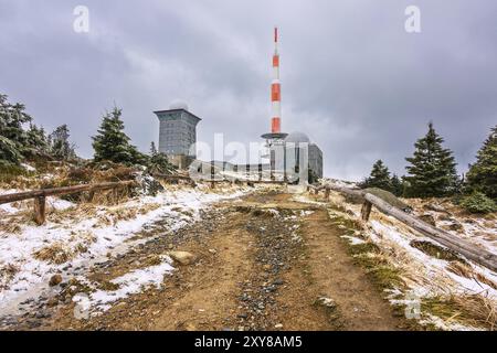 Landscape with snow on the Brocken in the Harz Mountains Stock Photo