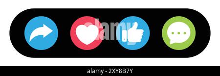 Like, Share, comment and love heart icon buttons in color on black background. Like button, thumb up, love and heart, comment, repost and share icon. Stock Vector