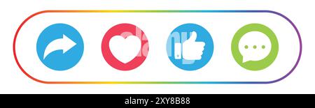 Like, Share, comment and love heart icon buttons in color on white background. Like button, thumb up, love and heart, comment, repost and share icon. Stock Vector