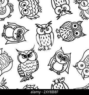 Owls different types of birds in doodle style vector pattern Stock Vector