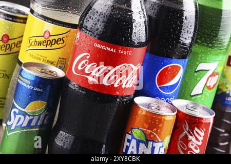 POZNAN, POLAND, AUG 18, 2017: Global soft drink market is dominated by brands of few multinational companies founded in North America. Among them are Stock Photo