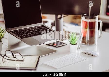 Cozy bright workplace. Home office equipment. White table green plants. Stock Photo