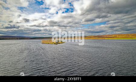 Lochindorb Loch late summer the medieval castle in the centre of the loch Stock Photo