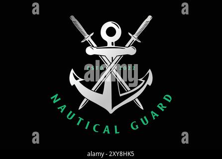 Crossed Sword Blade Anchor Hook for Ocean Sail Nautical Guard or Yacht Boat Navy Logo Design Stock Vector