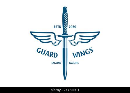 Vintage Sword Blade Dagger with Wings for Angel Tattoo Military or Guard Logo Design Vector Stock Vector