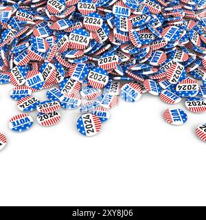 Pile vote badges american flag white surface,  2024 election 3d Stock Photo