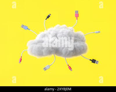 Multiple usb cables connecting  cloud representing computing  data storage 3d Stock Photo