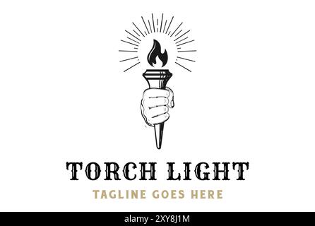 Vintage Sketch Hand hold Torch Fire Flame Light for Sport Event Logo Design Vector Stock Vector