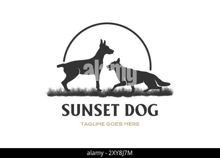 Sunset Sunrise Doberman Pinscher and German Shepherd Dog on Grass Logo Design Vector Stock Vector