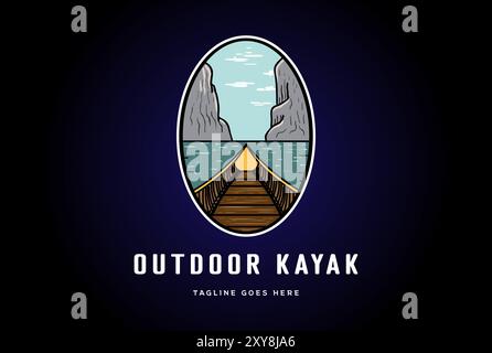 Canyon and River Creek Lake with Boat for Canoe Kayaking Rafting Outdoor Adventure Logo Design Vector Stock Vector