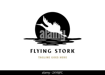 Sunset Sunrise with Flying Stork Heron Flamingo Ibis Bird Silhouette Logo Design Vector Stock Vector