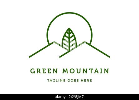 Simple Minimalist Landscape Hills Peaks with Natural Fresh Tree Leaf Vector logo design Stock Vector