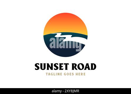 Simple Minimalist Sunset Sunrise Road Street or River Creek Logo Design Inspiration Stock Vector