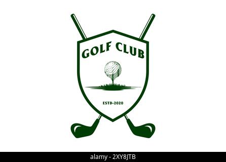 Crossed Golf Stick with Shield Ball and Tee for Course Sport Club Competition Logo Design Vector Stock Vector