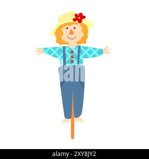 A very silly and charming garden scarecrow on a stick in a cartoon children's flat style. The character smiles and wears a plaid shirt, straw hat, den Stock Vector