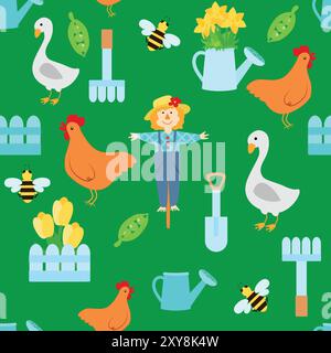 Seamless pattern with cute scarecrow, chicken, goose, watering can with flowers, tulips and daffodils in cartoon style. Pattern for packaging textiles Stock Vector