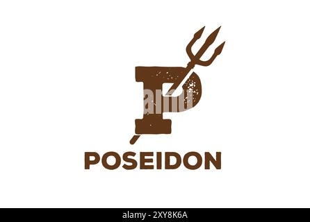 Vintage Retro Initial Letter P with Trident Spear Fork for Poseidon Neptune God Logo Design Stock Vector