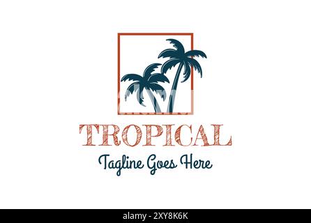 Simple Minimalist Square frame with Coconut Palm Trees for Tropical Beach Logo Design Stock Vector