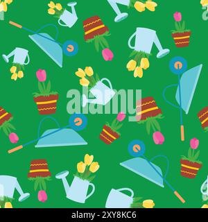Seamless pattern gardening tools, wheelbarrow, watering can with flowers and porridge in cartoon children's style. Gardening and gardening on a home p Stock Vector