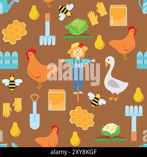 Seamless pattern with cute scarecrow and farm, chicken, bee, honey, cabbage, cauliflower, honeycomb, gloves, shovel, rake, cartoon style. Stock Vector