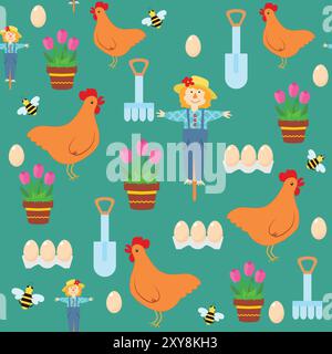Seamless pattern cute scarecrow, planter with flowers tulips, bee, chicken, tray with eggs, spatula and rake in cartoon children's style. Gardening an Stock Vector