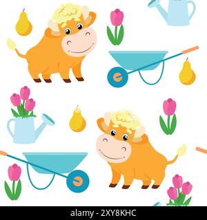 Seamless pattern cute bull and wheelbarrow, watering can with flowers tulips in cartoon children's style. Gardening and gardening on a home plot or fa Stock Vector
