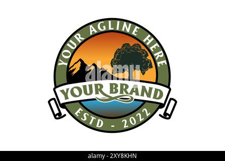 Retro Vintage Oak Banyan Tree Forest with Mountain Hill Badge Emblem Label Logo Design Vector Stock Vector