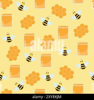 Seamless pattern honey and bees in cartoon children's style. Pattern for packaging textiles. Stock Vector