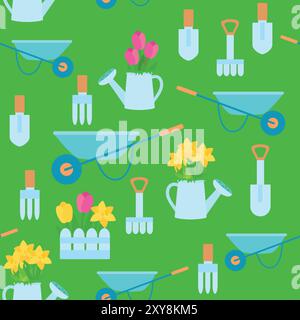 Seamless pattern wheelbarrow, watering can, flowers daffodils and tulips, rake, shovel in cartoon children's style. Gardening and vegetable garden in Stock Vector