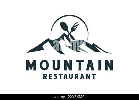 Vintage Retro Ice Rock with Mountain Crossed Spoon Fork for Kitchen Cook Eatery Restaurant or Food Catering Logo Design Stock Vector