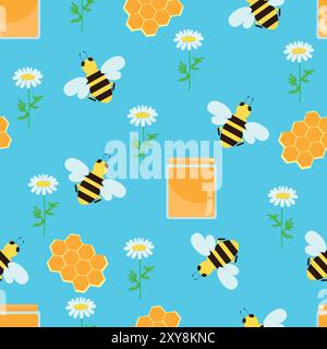 Seamless pattern honey and bees with daisy flowers in a cartoon children's style. Gardening and gardening on a home plot or farm. Pattern for packagin Stock Vector