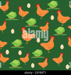Seamless pattern of chickens, cabbage and eggs on a green background. Chicken farm and garden vegetables in cartoon childish style. Stock Vector
