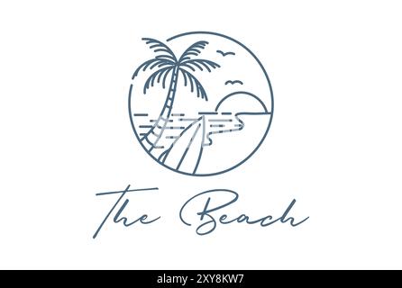 Sunset Palm Beach Wave Surf for Travel Surfing Logo Design Vector Stock Vector
