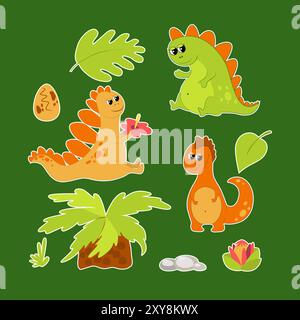 Stickers pack  of adorable and cute dinosaurs in children's cartoon style. Green and orange prehistoric animal, ancient tree and flower, stones. Stock Vector