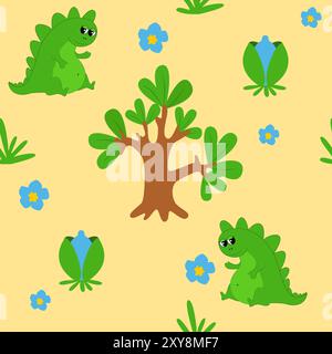 Funny green dinosaurs and trees on sandy background seamless pattern. Cartoon characters for textiles, clothing, packaging, children's themes. Stock Vector