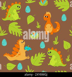 Cute charming green and orange dinosaurs on a brown background among prehistoric leaves, plants and eggs. Seamless pattern in cartoon childish style. Stock Vector