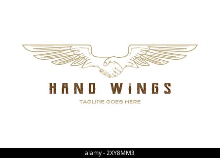 Retro Vintage Wings with Hand Handshake for Motorcycle Biker Club or Peace Community Logo Design Stock Vector